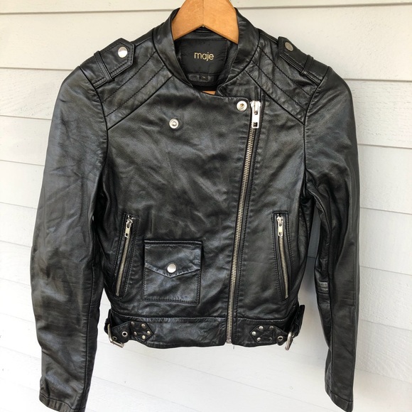Maje Leather Jacket Black Lamb Moto Biker Zippers - Picture 2 of 8